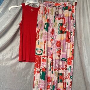 Casual Two-Piece Straight Leg Set with Red Tank and Tropical Print Pants
